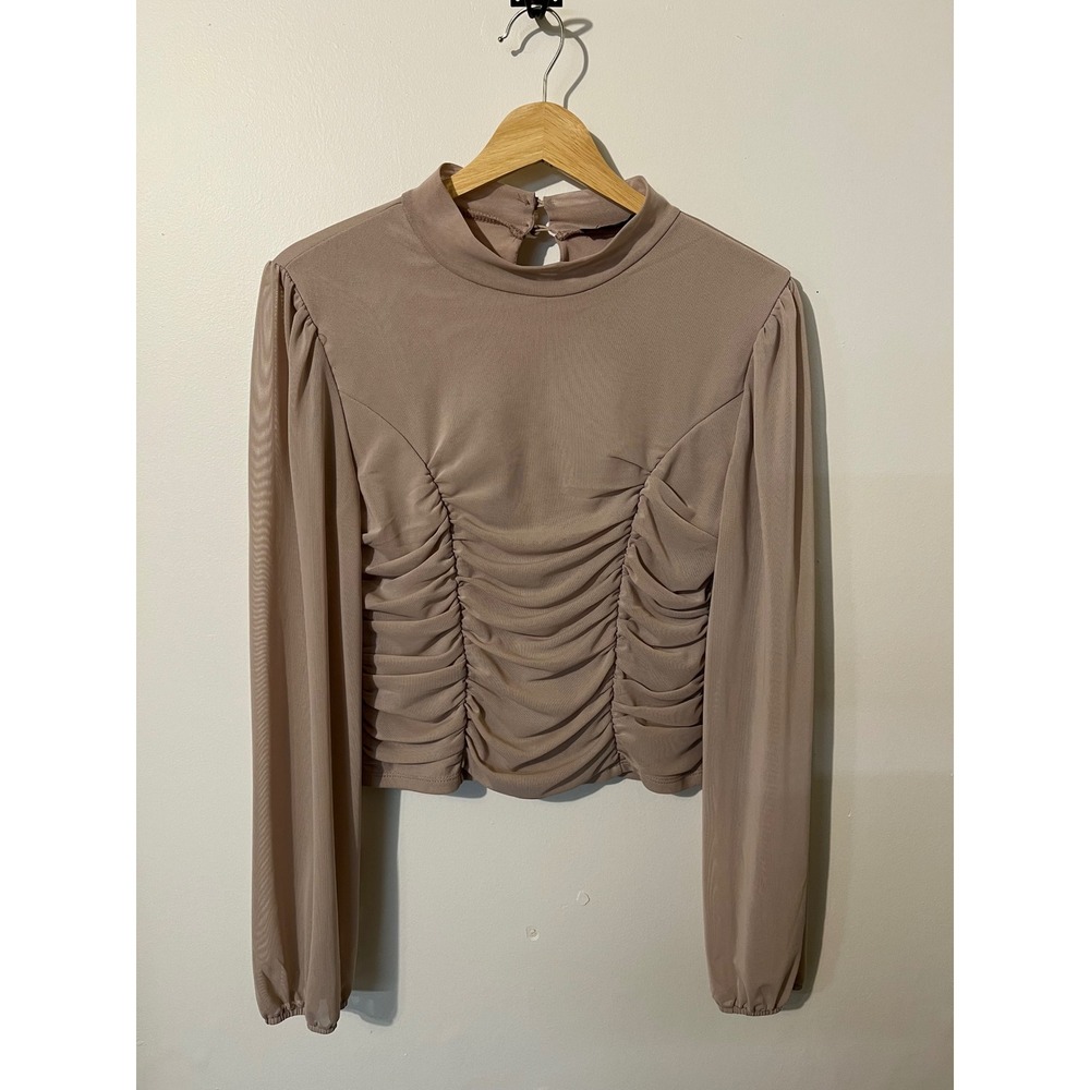 Shinestar Womens Taupe Mesh Ruched Long Sleeve Mock Neck Blouse Top